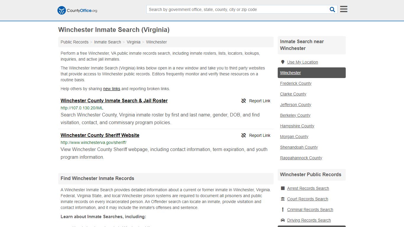 Inmate Search - Winchester, VA (Inmate Rosters & Locators) - County Office